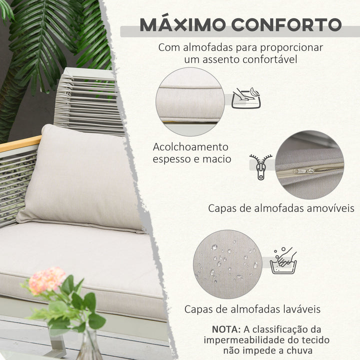 Conjunto de Móveis de Jardim Vime 4 Peças Sofá Duplo 2 Poltronas Individuais e Mesa de Centro com Vidro com Almofadas para Exterior Terraço Cinza