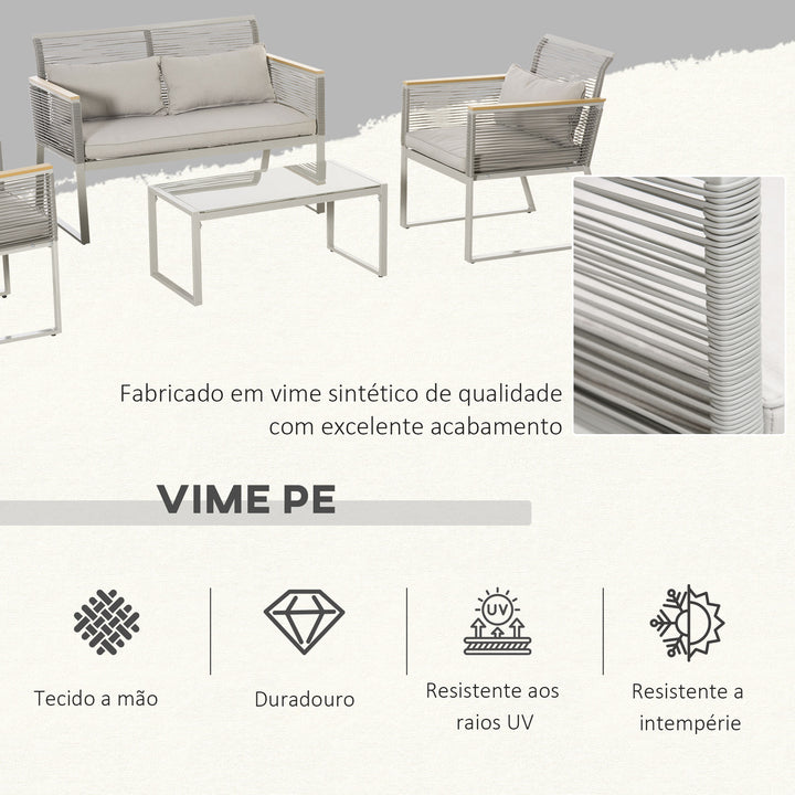 Conjunto de Móveis de Jardim Vime 4 Peças Sofá Duplo 2 Poltronas Individuais e Mesa de Centro com Vidro com Almofadas para Exterior Terraço Cinza
