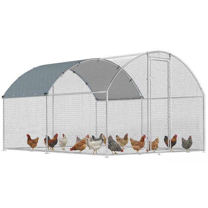 Galinheiro Exterior 2,8x3,4x1,9 m Galinheiro de Aço Galvanizado com Cobertura de Tecido Oxford Anti-UV e Impermeável, Porta e Fechos Gaiola para 10-16 Galinhas Prata