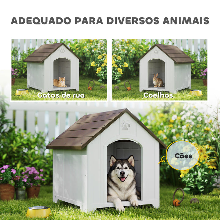 Casota para Cães de Exterior Casota para Cães Extragrandes em Plástico Impermeável com 2 Janelas Base Elevada Estacas Fácil de Montar 102x94x103 cm Castanho Escuro
