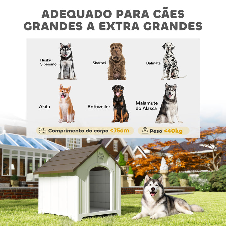 Casota para Cães de Exterior Casota para Cães Extragrandes em Plástico Impermeável com 2 Janelas Base Elevada Estacas Fácil de Montar 102x94x103 cm Castanho Escuro