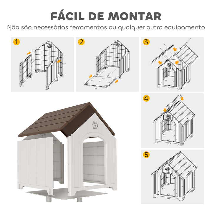 Casota para Cães de Exterior Casota para Cães Extragrandes em Plástico Impermeável com 2 Janelas Base Elevada Estacas Fácil de Montar 102x94x103 cm Castanho Escuro