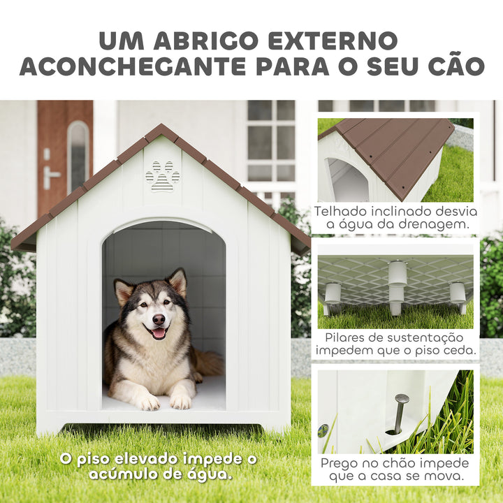 Casota para Cães de Exterior Casota para Cães Extragrandes em Plástico Impermeável com 2 Janelas Base Elevada Estacas Fácil de Montar 102x94x103 cm Castanho Escuro