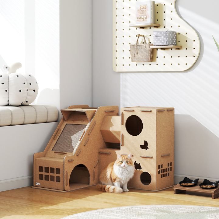 Casa para Gatos de Cartão Forma de Castelo Arranhador para Gatos de 2 Níveis com 3 Zonas de Arranhar Túnel, Rampa Inclui Erva para Interior 78x66x57 cm Castanho