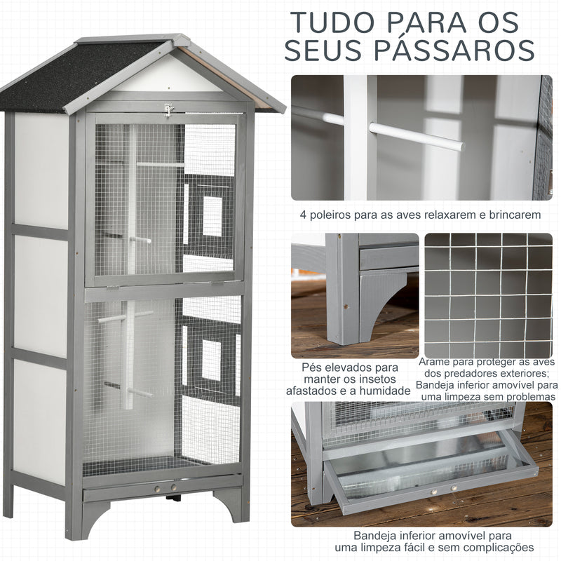 Gaiola para Pássaros Gaiola para Pássaros de Madeira com 3 Portas 4 Poleiros Bandeja Amovível e Teto Asfáltico 80,5x57x153 cm Cinza Claro