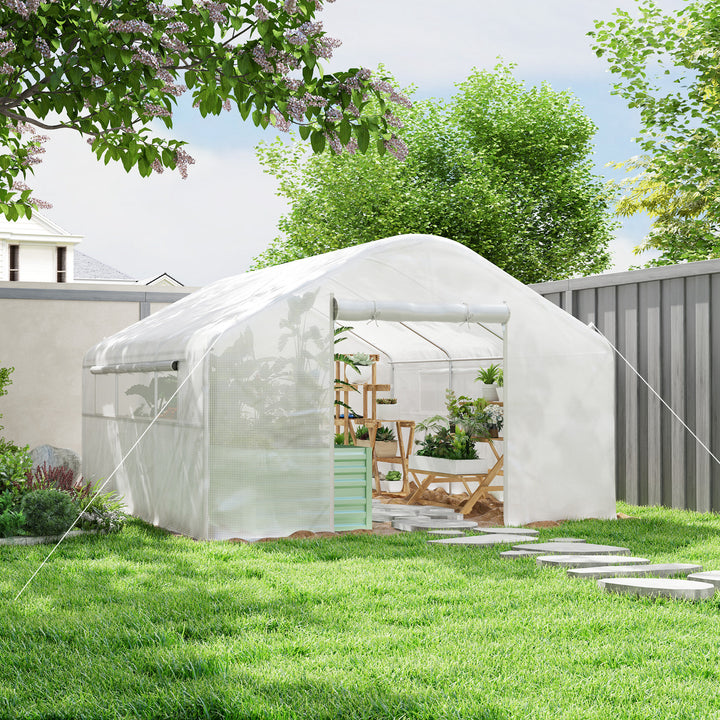 Estufa tipo Túnel 4x3x2 m Estufa de Exterior com 2 Janelas Cobertura PE Anti UV e 1 Porta de Enrolar com Fecho de Correr Estufa para Jardim Pátio Branco