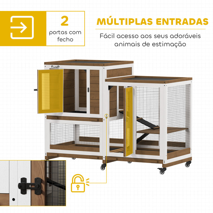 Coelheira de Madeira para Interior Gaiola para Coelhos e Animais Pequenos de 2 Níveis com 6 Rodas 2 Escadas 3 Bandejas Amovíveis e Área Aberta 110x50x86 cm Marrom