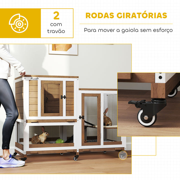 Coelheira de Madeira para Interior Gaiola para Coelhos e Animais Pequenos de 2 Níveis com 6 Rodas 2 Escadas 3 Bandejas Amovíveis e Área Aberta 110x50x86 cm Marrom