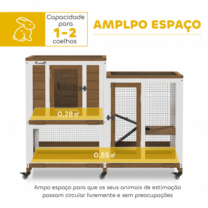 Coelheira de Madeira para Interior Gaiola para Coelhos e Animais Pequenos de 2 Níveis com 6 Rodas 2 Escadas 3 Bandejas Amovíveis e Área Aberta 110x50x86 cm Marrom