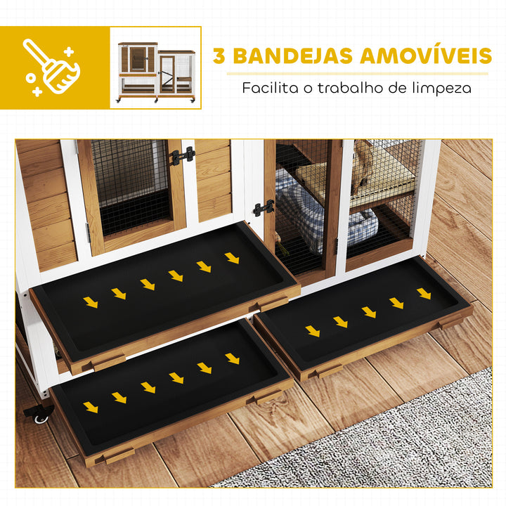 Coelheira de Madeira para Interior Gaiola para Coelhos e Animais Pequenos de 2 Níveis com 6 Rodas 2 Escadas 3 Bandejas Amovíveis e Área Aberta 110x50x86 cm Marrom