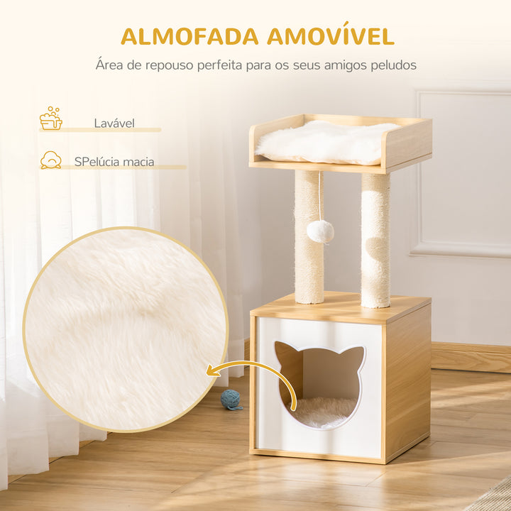 Árvore para Gatos de 2 Níveis com Caverna Superior Postes Arranhadores de Sisal Natural Almofadas Laváveis e Bola de Brinquedo 35x35x81cm Carvalho