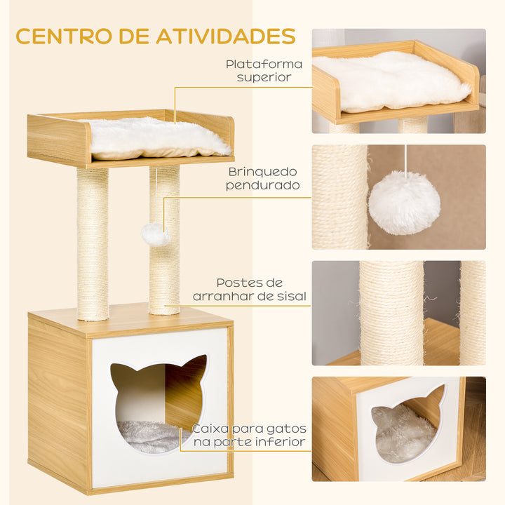 Árvore para Gatos de 2 Níveis com Caverna Superior Postes Arranhadores de Sisal Natural Almofadas Laváveis e Bola de Brinquedo 35x35x81cm Carvalho