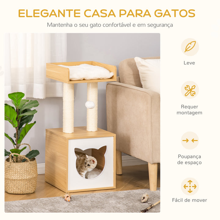 Árvore para Gatos de 2 Níveis com Caverna Superior Postes Arranhadores de Sisal Natural Almofadas Laváveis e Bola de Brinquedo 35x35x81cm Carvalho