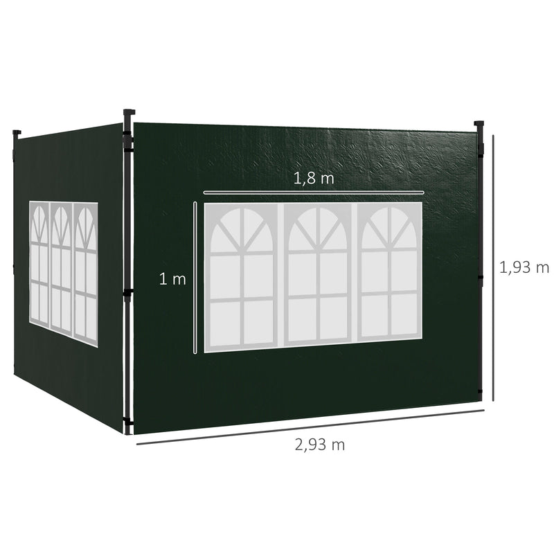 Conjunto de 2 Paredes Laterais para Tendas de 3x3m e 3x6m Paredes Laterais para Tendas com Janelas Transparentes 293x193cm Verde Escuro