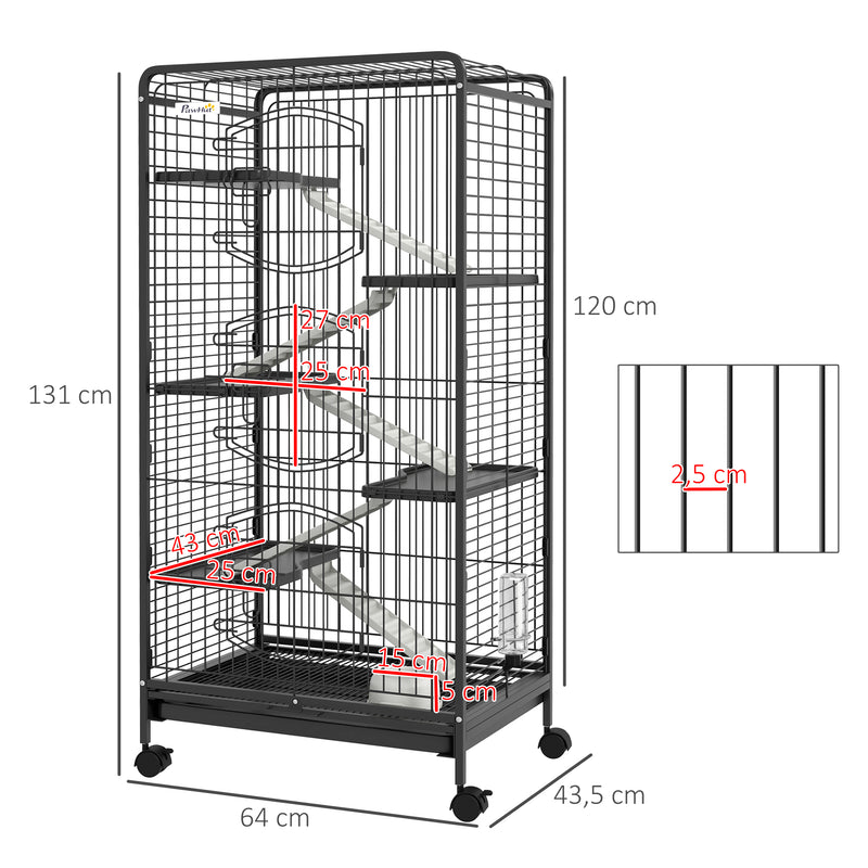 Gaiola para Pequenos Animais com 6 Níveis Gaiola para Roedores com Rodas Rampa Comedouro Bebedouro e Bandeja Amovível para Coelhos Chinchila 64x43,5x131 cm Preto