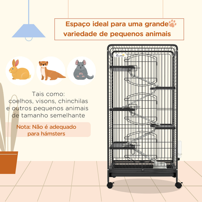 Gaiola para Pequenos Animais com 6 Níveis Gaiola para Roedores com Rodas Rampa Comedouro Bebedouro e Bandeja Amovível para Coelhos Chinchila 64x43,5x131 cm Preto