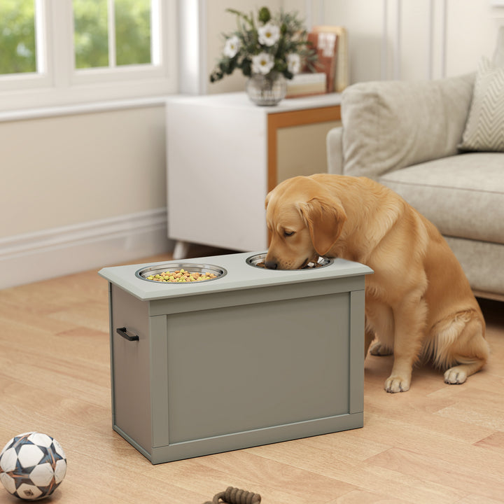 Comedouro Elevado para Cães Comedouro para Cães com 2 Tigelas de Aço Inoxidável e Espaço de Armazenamento Oculto 60x30x41 cm Cinzento