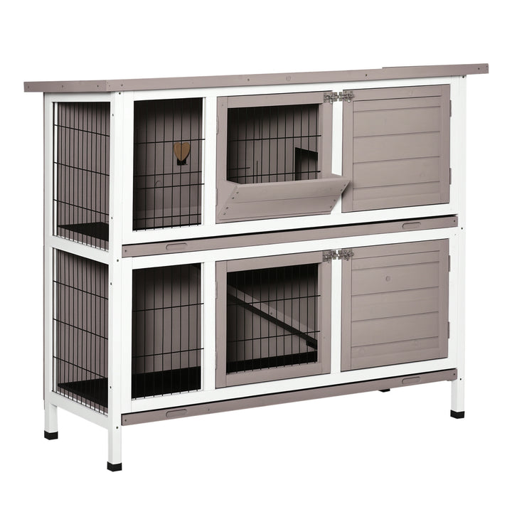 Coelheira de Madeira Exterior de 2 Níveis Gaiola para 1-2 Coelhos com Telhado com Abertura Comedouro Bandejas Removíveis Rampa e Portas com Fechadura 122x50x101cm Cor Areia
