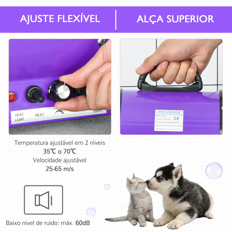 Secado de Pelo para Cães 2800W Secador de Pelo para Animais de Estimação com Temperatura e Velocidade Ajustável 3 Bicos Tubo Flexível 2,1m e Alça de Transporte 40x16x20cm Roxo