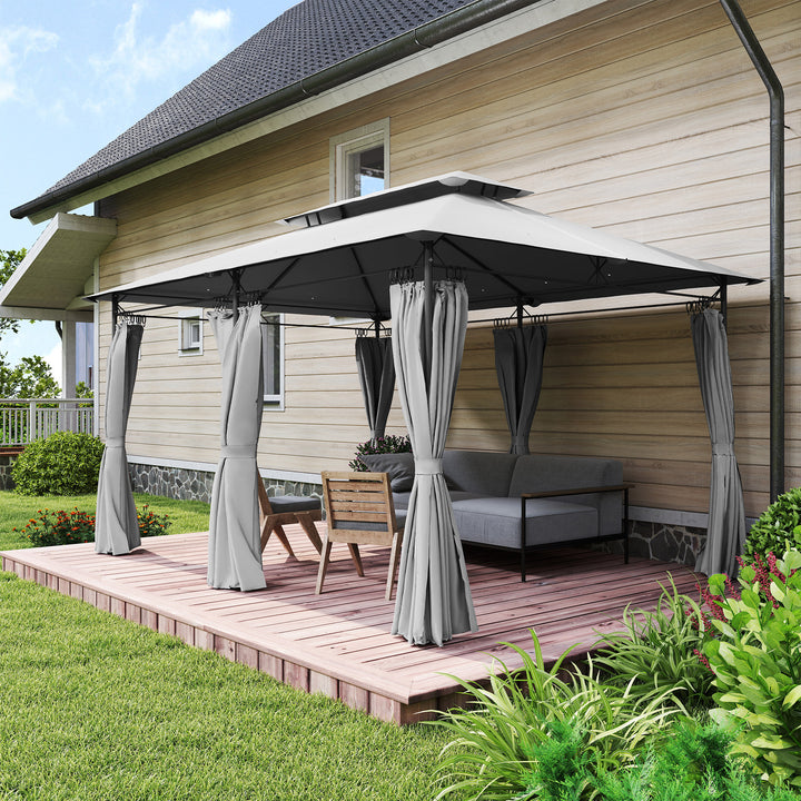 Pérgola de Jardim 397x297x265 cm Pérgola de Exterior com Teto Duplo Paredes Laterais Resistente a Água Pérgola para Pátio Cinza Escuro