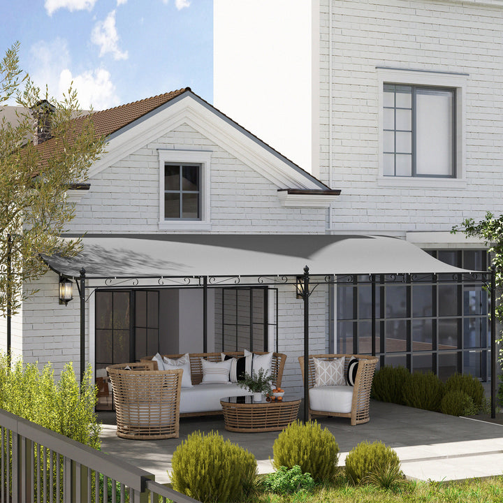 Pérgola de Parede de Jardim 3x6 m Pérgola de Jardim com Telhado Inclinado Orifícios de Drenagem e Estrutura Metálica Resistente às Intempéries para Pátio Terraço Varanda Cinzento Escuro