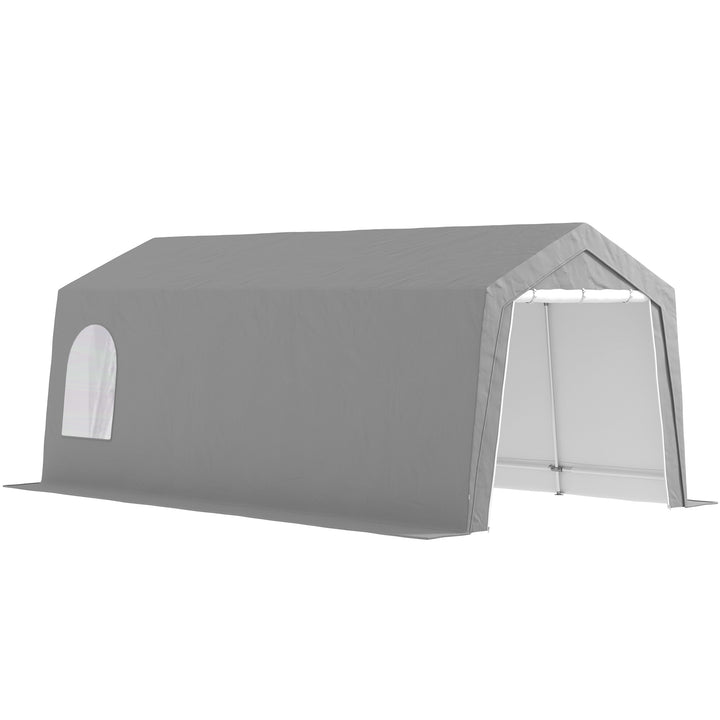Abrigo de Jardim Exterior 300x597x257 cm Tenda de Armazenamento com Porta Enrolável para Motas Bicicletas e Ferramentas de Jardim Cinzento