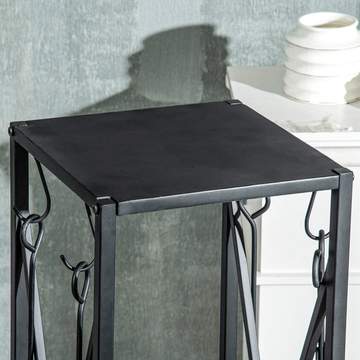 Suporte para Lenha Estante para Lenha Lenheiro de Exterior com Ganchos Pá Escova Atiçador e Tenaz Carga 60 kg 34x34x111 cm Preto