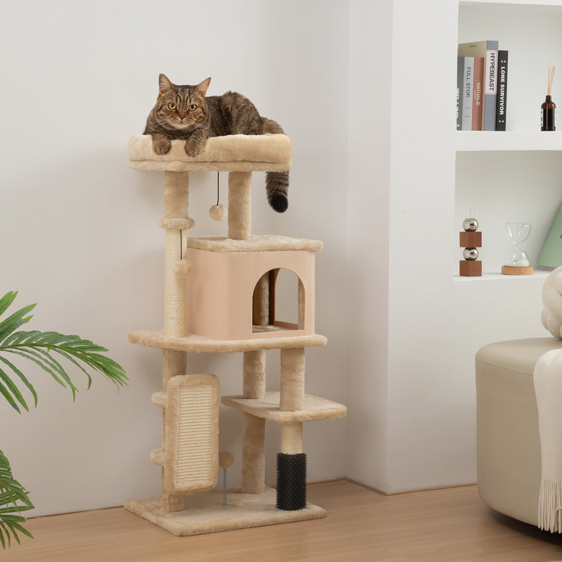 Arranhador para Gatos Grande Altura 104 cm Arranhador para Gatos com Plataformas Postes com Escova Bolas Suspensas e Almofadas para Arranhar Bege