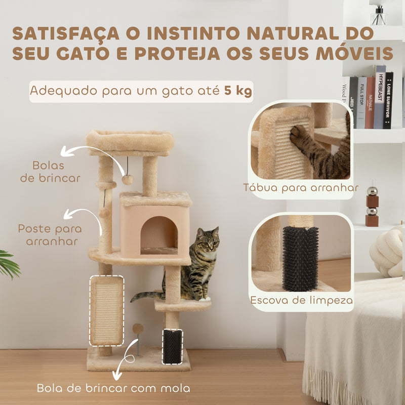 Arranhador para Gatos Grande Altura 104 cm Arranhador para Gatos com Plataformas Postes com Escova Bolas Suspensas e Almofadas para Arranhar Bege