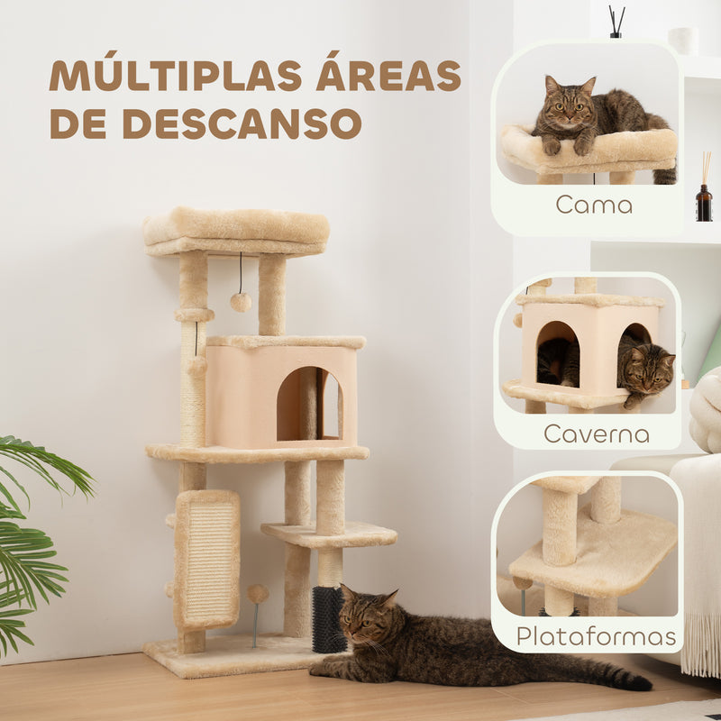 Arranhador para Gatos Grande Altura 104 cm Arranhador para Gatos com Plataformas Postes com Escova Bolas Suspensas e Almofadas para Arranhar Bege