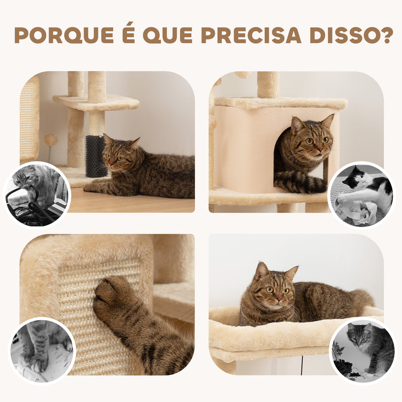 Arranhador para Gatos Grande Altura 104 cm Arranhador para Gatos com Plataformas Postes com Escova Bolas Suspensas e Almofadas para Arranhar Bege