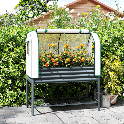 Mesa de Cultivo com Cobertura de Estufa de 140 g/m² PE Mesa de Cultivo em Metal Galvanizado com Prateleira Inferior e Forro para Plantação Plantas e Flores 120x55x140 cm Cinzento Escuro