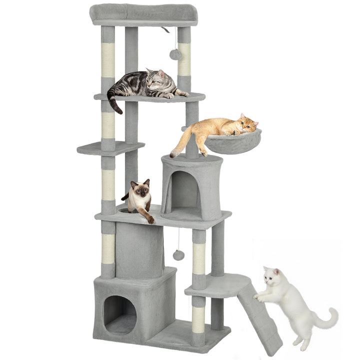 Arranhador para Gatos Grande Altura 170 cm Torre de Escalada com 7 Postes 1 Túnel 3 Plataformas 2 Cavernas 1 Rede 1 Poleiro 1 Rampa Pompons Cinzento Claro