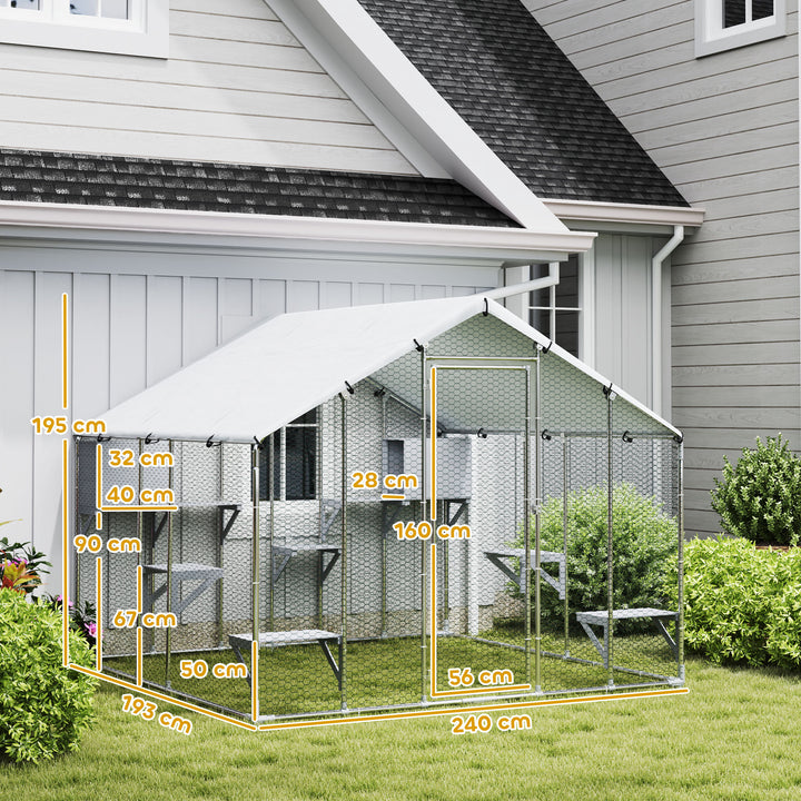 Gaiola Grande para Gatos Exterior Recinto para Gatos com 2 Casinhas 7 Plataformas para Saltar Cobertura Impermeável e Anti-UV Parque para 5 Gatos ou Coelhos 240x193x195 cm Prateado