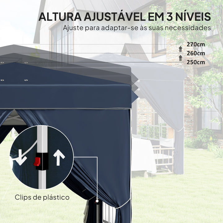 Tenda Dobrável Pop-Up Tenda 248x248x270 cm com 4 Paredes Laterais Anti-UV Altura Ajustável e Bolsa de Transporte para Campismo Festas Azul Escuro
