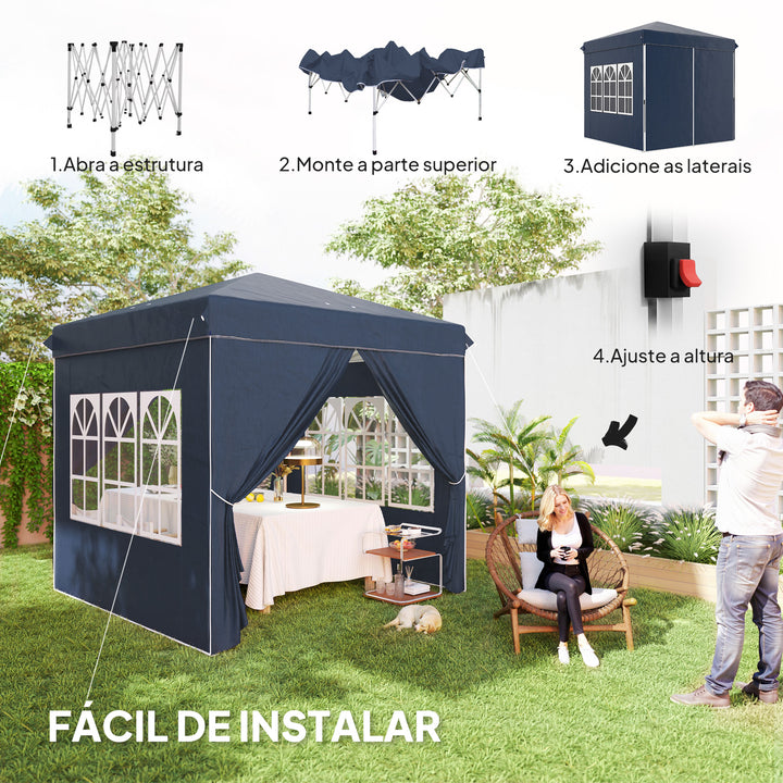 Tenda Dobrável Pop-Up Tenda 248x248x270 cm com 4 Paredes Laterais Anti-UV Altura Ajustável e Bolsa de Transporte para Campismo Festas Azul Escuro