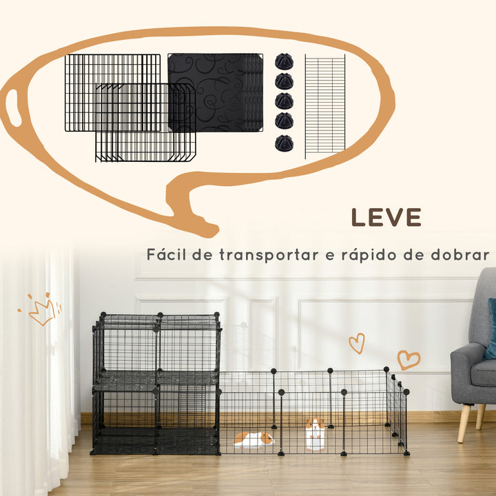Recinto para Pequenos Animais Recinto Metálico para Animais com Forma Personalizável para Coelhos Porquinho da Índia 175x105x70 cm Preto