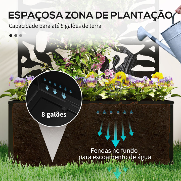 Floreira Exterior Grande de Metal com Painel de Privacidade de Folhas Sólidas Decorativas Floreira de Parede ou Independente para Jardim Terraço 61x23x113 cm Preto