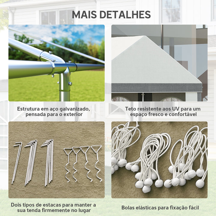 Tenda para Festa 4x8 m Tenda de Jardim com Paredes Laterais Removíveis Portas e Janelas, Impermeável Anti-UV Tenda para Casamentos Eventos e Exterior Cinzento e Branco