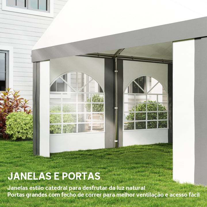 Tenda para Festa 4x8 m Tenda de Jardim com Paredes Laterais Removíveis Portas e Janelas, Impermeável Anti-UV Tenda para Casamentos Eventos e Exterior Cinzento e Branco