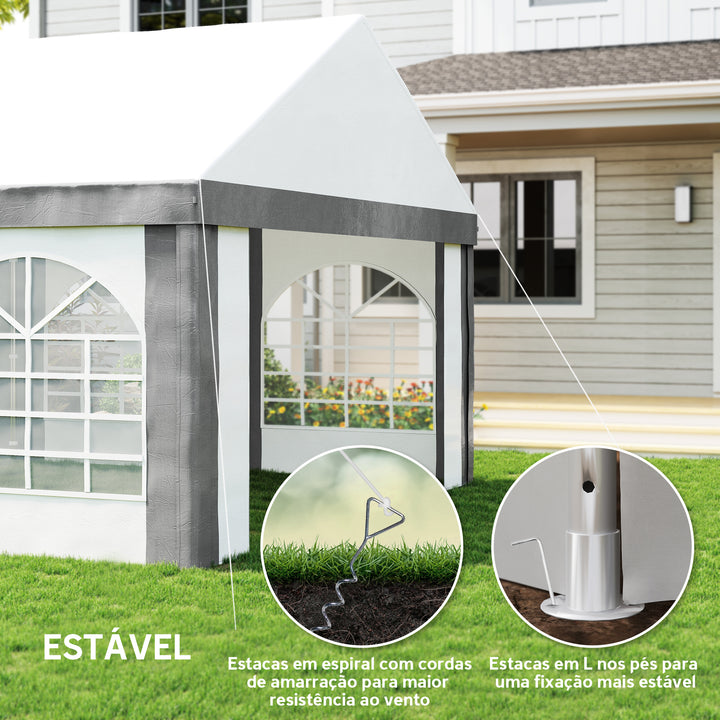 Tenda para Festa 4x8 m Tenda de Jardim com Paredes Laterais Removíveis Portas e Janelas, Impermeável Anti-UV Tenda para Casamentos Eventos e Exterior Cinzento e Branco