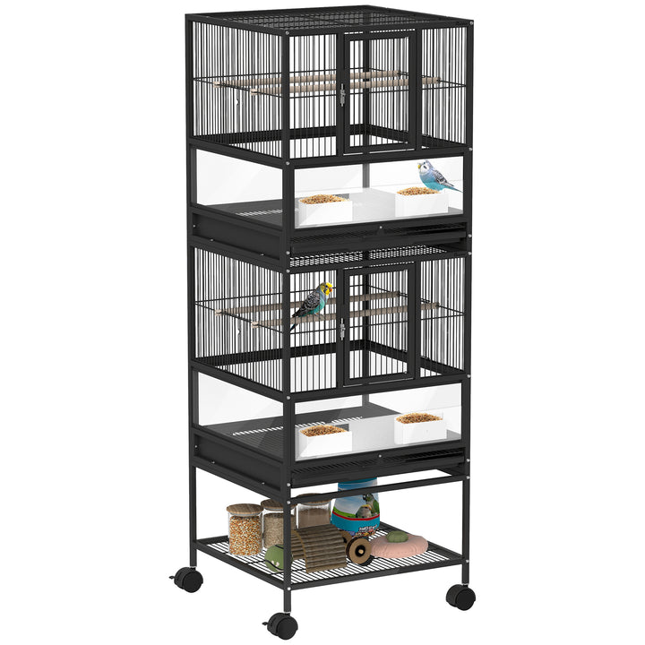 Gaiola para Pássaros Gaiola Grande de 2 Níveis com Rodas Painéis Acrílicos Comedouros Poleiros Prateleira Bandejas Amovíveis Gaiola para Papagaios Canários 48x46x134,5 cm Preto
