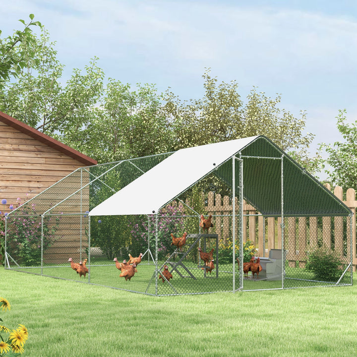 Galinheiro de Exterior Grande 3x6x2m Gaiola para 12-18 Galinhas de Aço Galvanizado com Teto de PE e Fechadura para Coelhos Prata