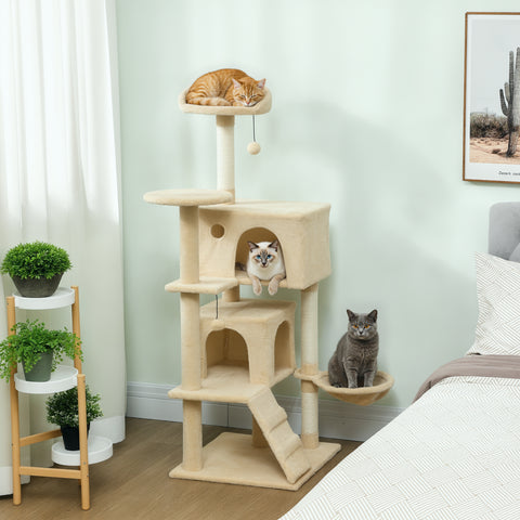 Arranhador para Gatos 140 cm Torre de Escalada com Múltiplas Plataformas Cama 2 Cavernas Rede Escada Postes de Sisal Bolas para Brincar Bege