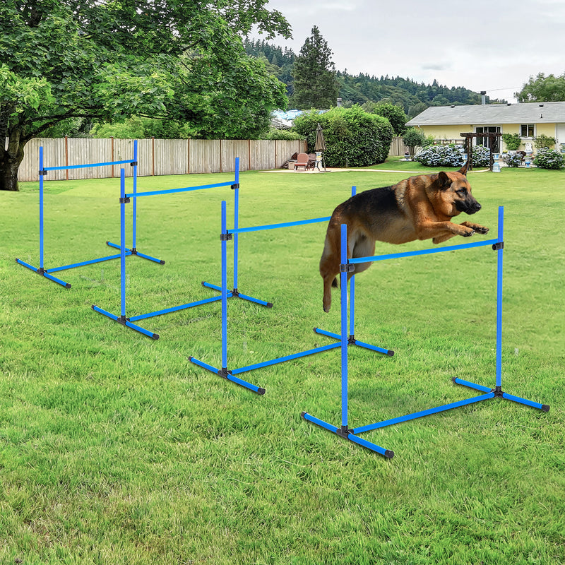 Conjunto de Treinamento de Agilidade para Cães Animais de Estimação 4 Peças Obstáculos de Salto com Altura Ajustável e Bolsa de Transporte para Exteriores 99x65x94 cm Azul