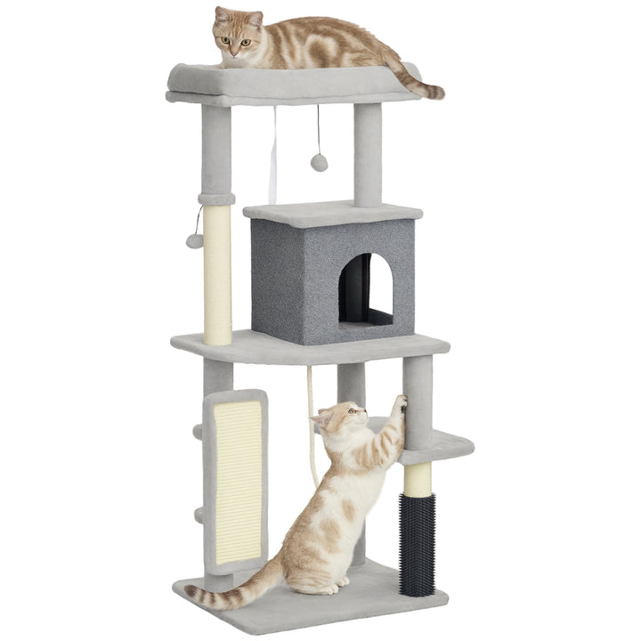 Arranhador para Gatos Grande Altura 132 cm Arranhador para Gatos com Plataformas Postes com Escova Bolas Suspensas e Almofadas para Arranhar Cinza