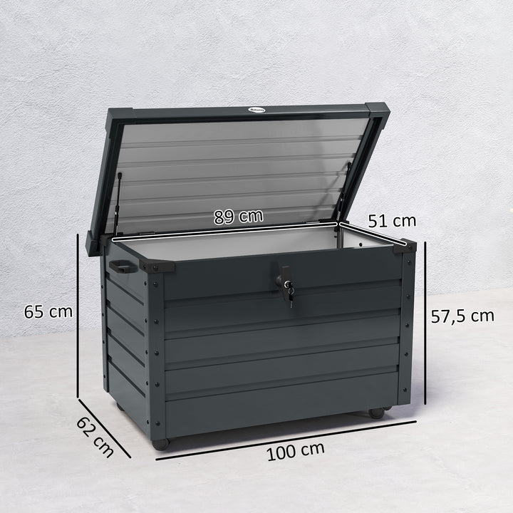 Baú de Exterior 295 L Baú de Armazenamento de Aço Galvanizado com 4 Rodas 2 Pegas e 1 Fechadura com Chave para Jardim Pátio 100x62x65 cm Cinza Escuro