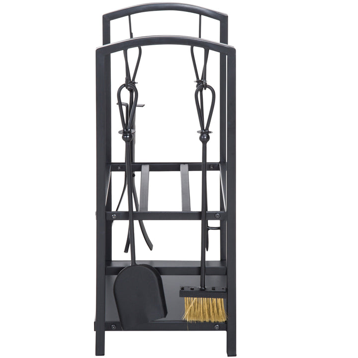 Suporte para Lenha de 2 Níveis Porta Lenha Exterior e Interior Metálico com 4 Ferramentas para Lareira Carga Máx. 100kg 40x30x74,5cm Preto