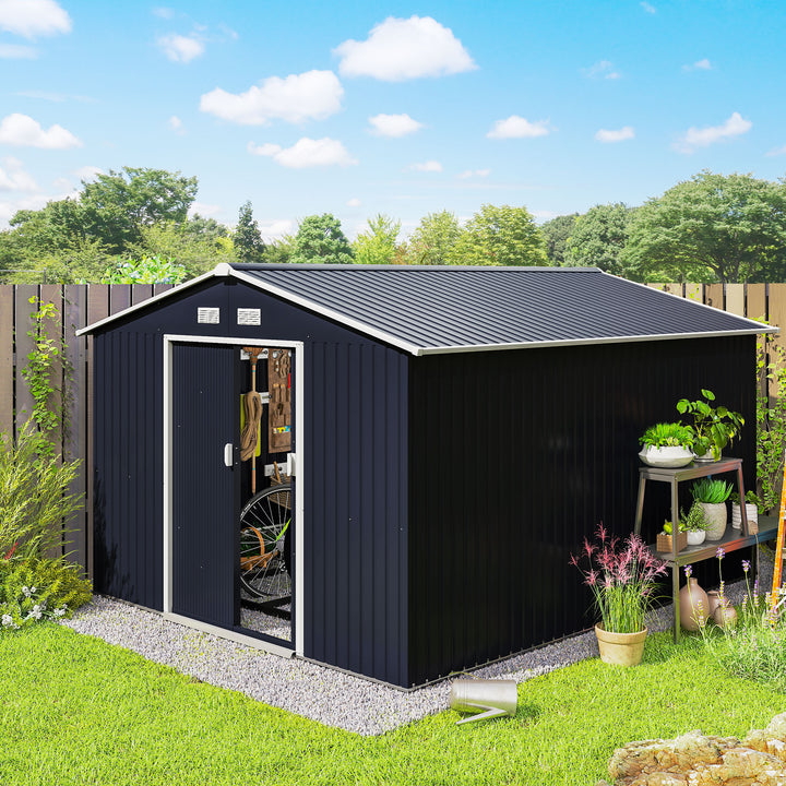 Abrigo de Jardim Exterior Abrigo e Jardim Metálico para Armazenamento de Ferramentas com Base Incluída e 4 Janelas 322x277x192cm Cinza Escuro