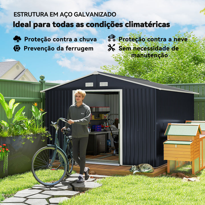 Abrigo de Jardim Exterior Abrigo e Jardim Metálico para Armazenamento de Ferramentas com Base Incluída e 4 Janelas 322x277x192cm Cinza Escuro
